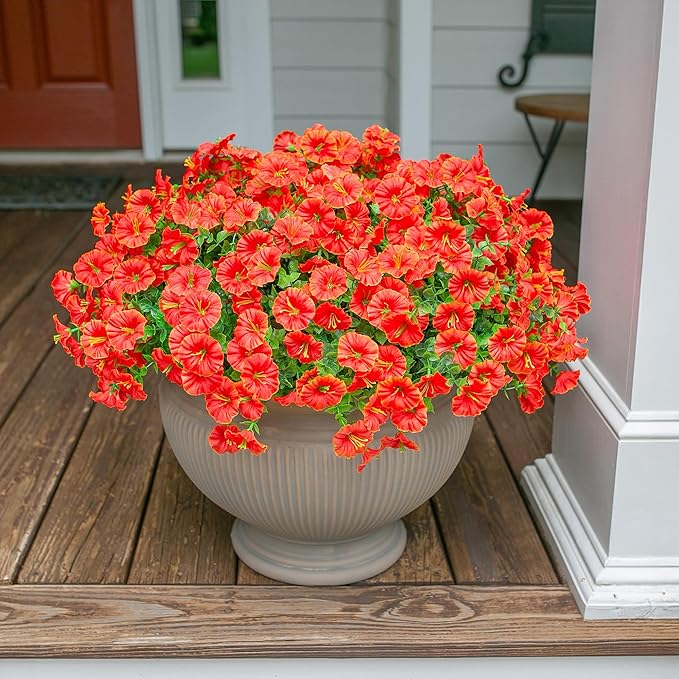 Artificial Fall Flowers Fake Plants for Outdoors Autumn Decoration, 12 Bundles Orange Silk Morning Glory with Eucalyptus Look Real UV Resistant Faux Flowers for Outside Planters Front Door Yard Indoor