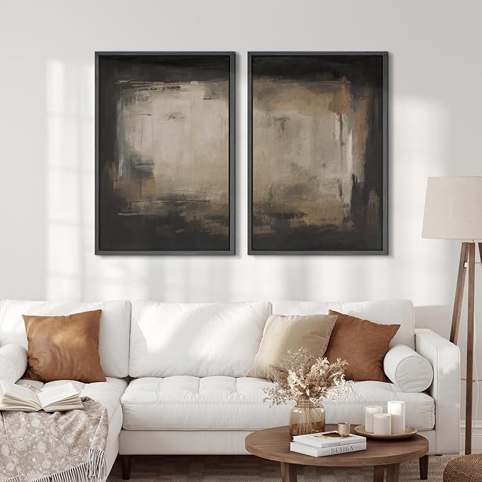 SIGNFORD Framed Canvas Print Wall Art Set Neutral Black and Brown Contemporary Minimalist Illustration Modern Art Decorative for Living Room, Bedroom, Office - 16"x24"x2 Black