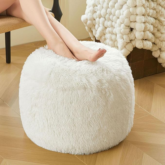 XeGe Fluffy Faux Fur Inflatable Pouf Ottoman, Soft Portable Shaggy Fuzzy Foot Stool Ivory, Plush Furry Foot Rest Floor Pouf Anti-Slip, Round Ottoman Cushion Living Room Bedroom Patio Dorm, Beige