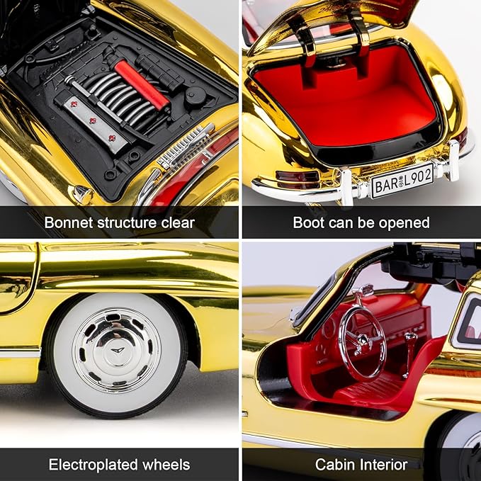 1/24 300SL Diecast Car Model Toy, Collectible 300SL Vintage Car with Sound and Light, Zinc Alloy Pull Back Toy Vehicle for Adult Boys Girls (Yellow)