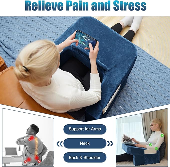 Gaming Pillow for Lap,Soft Pillow for Bed Rest Reading,Adults Teens Arm Rest Pillow for Reading,Knitting,Working,Playing Steam Deck Switch or Sitting in Couch Floor,Two Side Pockets & Anti-Slip Strip
