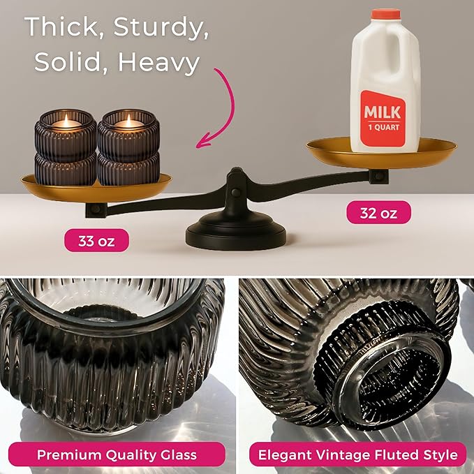 Kate Aspen Taper Candle Holders for Candlesticks, Smoke Grey Ribbed Glass Candlestick Holders Set of 4 - Candlestick Stand Decor, Fall Home Decor Accents, Modern Centerpieces, Black Candle Holder