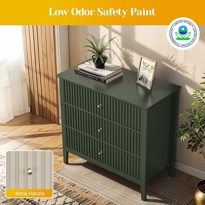 Large Green Fluted 3 Drawer Dresser Set of 2, Chest of Drawers with Ball Bearing Slide Modern 30 inch Tall Wood Nightstand with Spacious Storage for Bedroom Hallway Living Room Entryway
