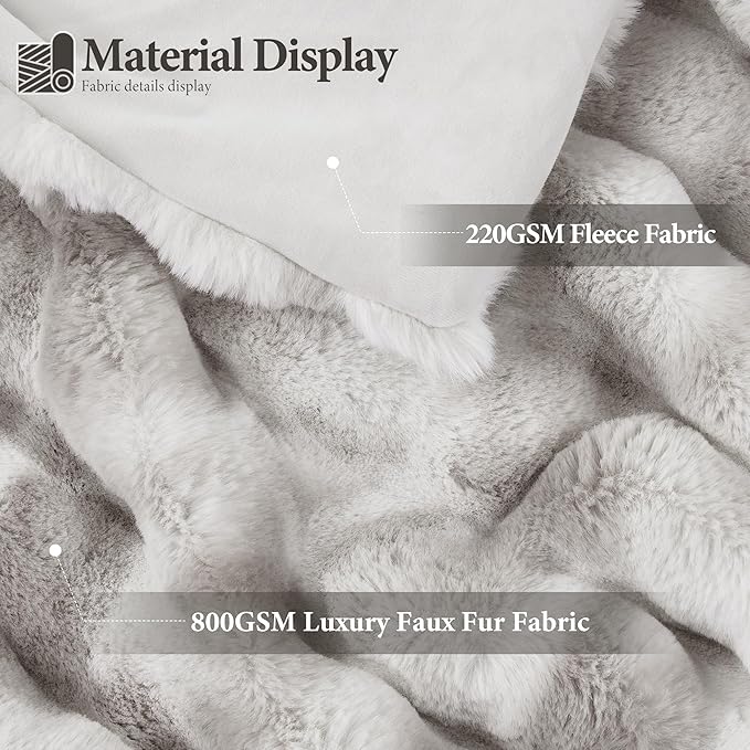 Touchat Luxury 1000GSM Faux Rabbit Fur Throw Blanket, Super Heavy Warm Cozy Grey Blankets for Couch Bed Sofa, Ruched Plush Fuzzy Elegant Soft Reversible Mink Blanket for Living Room Bedroom