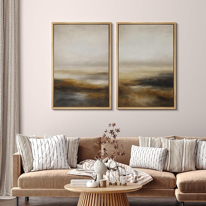 SIGNFORD Framed Canvas Print Wall Art Set Abstract Neutral Landscape Modern Beige and Brown Illustration Modern Art Decorative Nordic Nature for Living Room, Bedroom, Office - 16"x24"x2 Natural