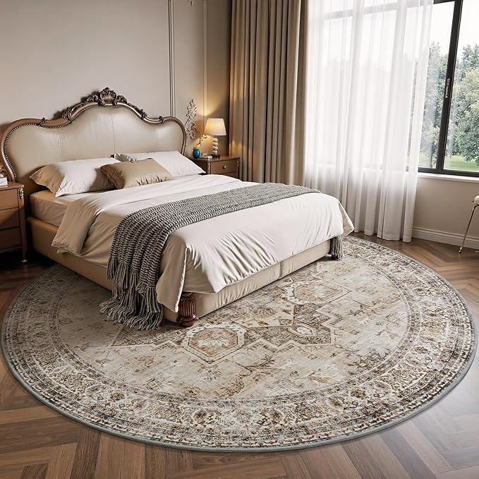 6 ft Round Rugs for Living Room Bedroom Rug Circle Area Rug for Dining Room Table Throw Vintage Circular Rugs Washable Soft Comfortable Beige