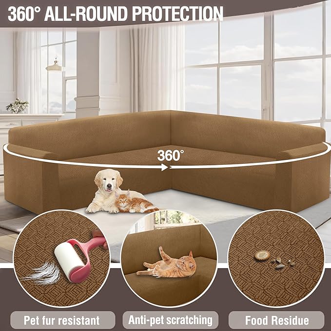 HDCAXKJ Sectional Couch Cover L Shape Stretch Sofa Covers Washable Jacquard Corner Couch Slipcover Non Slip Sectional Slip Cover U Shaped Furniture Protector for Pets Dogs (Light Brown, X-Large)