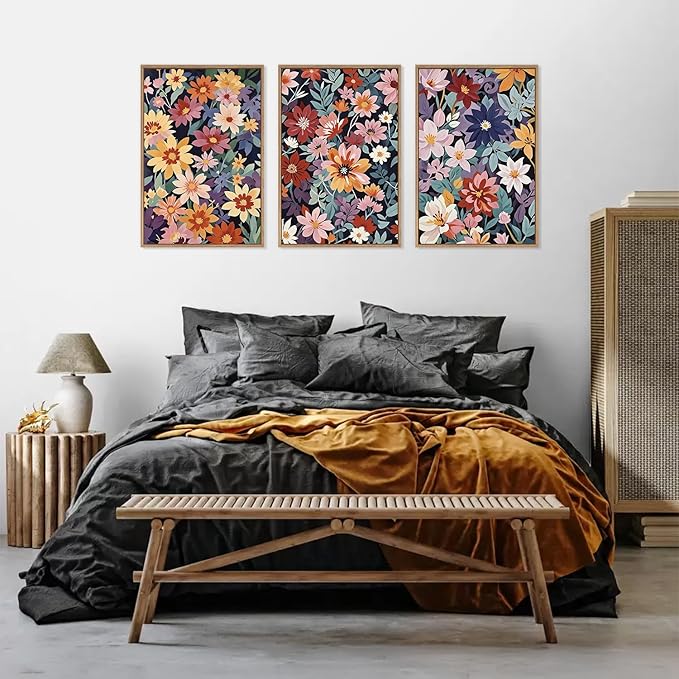 HLNIUC Boho Floral Framed Canvas Wall Art,Colorful Wildflower Landscape Wall Decor Set of 3(16”x24”)Rustic Bohemian Style Flower Art Print,Modern Botanical Floral Wall Painting for Living Room Bedroom