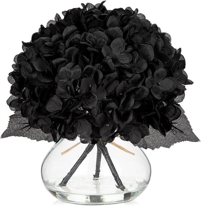 Hollyone Hydrangea Fall Flowers Artificial for Decoration with Glass Vase Black Silk Faux Flowers Arrangements in Vase with Faux Water Fake Floral Bouquet Table Centerpiece Fall Decorations for Home