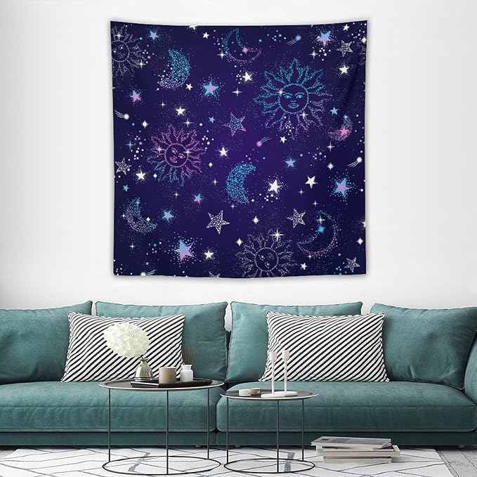 HZOHNAGO Boho Sun Moon Tapestry Purple Blue Sun Stars Galaxy Pattern Printed Wall Tapestry Wall Hanging for Bedroom Living Room Dorm 60" W x 60" H
