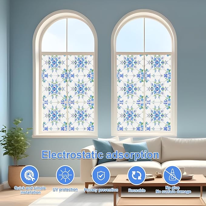 Window Privacy Film Stained Glass Decorative Window Tint for Home Room Decor Static Cling Frosted Window Film Blackout Bathroom Bedroom Car Renter Friendly (Blue&Purple Hydrangea Flower)