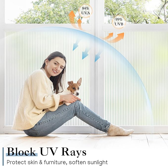 Haton Reeded Glass Window Privacy Film, Frosted Glass Window Film, Static Cling UV Blocking Stickers, Decorative Removable Cover for Bathroom Door Office, Non Adhesive 17.5" x 78.7"