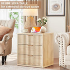 LEYAOYAO Fluted Nightstand with Charging Station, 23" Modern Night Stand with Woodgrain Top, 3 Drawers End Table w/Storage, Bedside Tables for Bedroom, Living Room, Curved Profile Design,Wood