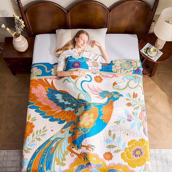 Boho Throw Blanket, Lightweight Blankets for Summer, 100% Cotton Bohemian Decorative Throw Blanket, 90"x98" Reversible Muslin Breathable Woven Farmhouse Blankets Quilt,