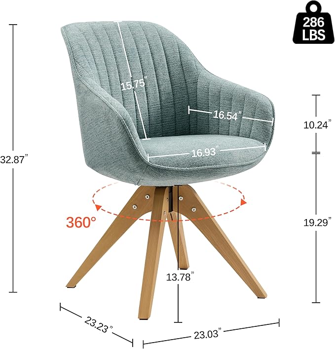 Art Leon Desk Chair No Wheels - Mid Century Modern Office Chair, Swivel Accent Chair with Oak Wood Legs, Fabric Upholstered Arm Chair, Light Blue