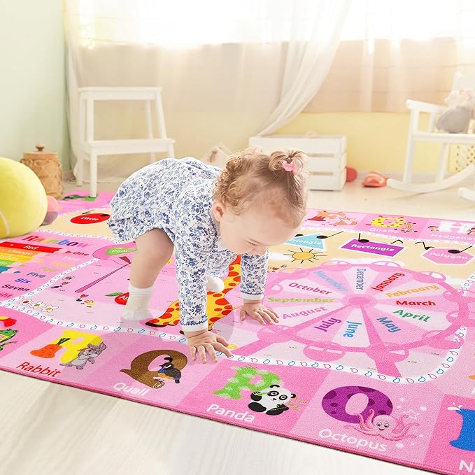 Kids Rugs for Playroom Bedroom Classroom Nursery, Non-Slip and Washable Rugs for Children Toddlers Girls, Educational and Fun Rug Carpets with ABC Alphabet Animals Shapes, 5x7, Pink