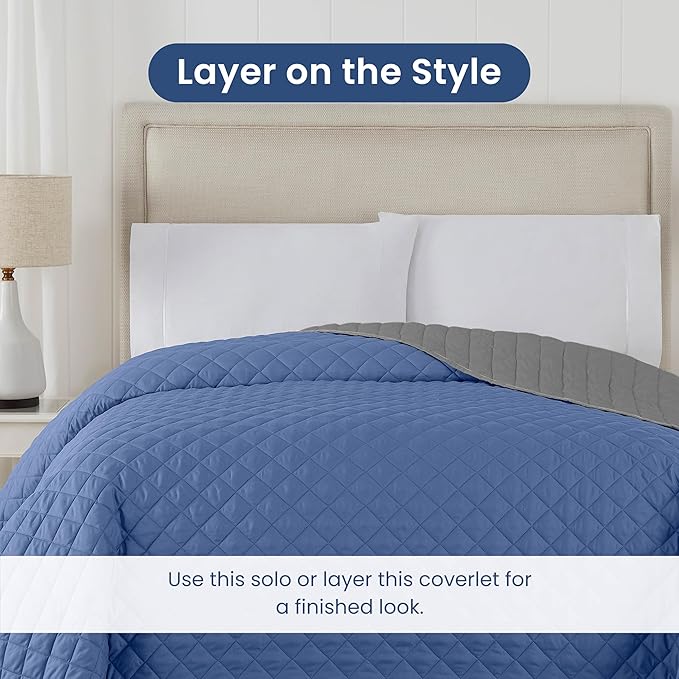 Martex Reversible Coverlet – Full Queen Size Quilt - Lightweight Full Size Bedding– Durable Queen Size Quilts for Bed – Soft - Easy Care Bedding – Ceil Blue/Gray