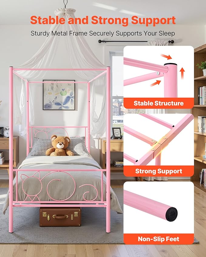 VEVOR Canopy Bed Frame Twin Size, Metal Canopy Bed with Minimalist Headboard & Four Posters Design, Heavy Duty Steel Slats Support, Underbed Storage Space, No Box Spring Needed, Easy Assembly, Pink