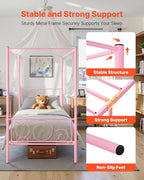 VEVOR Canopy Bed Frame Twin Size, Metal Canopy Bed with Minimalist Headboard & Four Posters Design, Heavy Duty Steel Slats Support, Underbed Storage Space, No Box Spring Needed, Easy Assembly, Pink