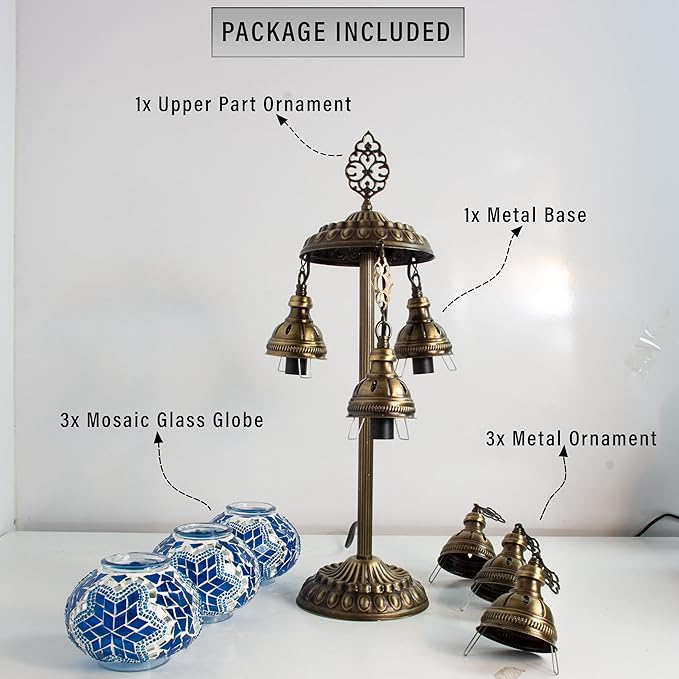 Mozaist Turkish Mosaic Lamp – Moroccan Handmade 3 Globe Table Light with Bulb (Sea Blue)