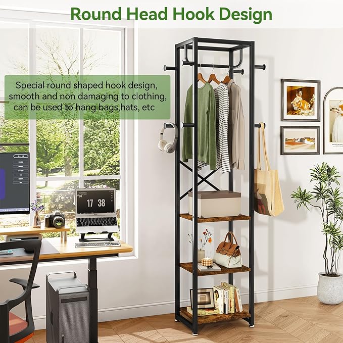 IBUYKE Coat Rack with Shelves, Freestanding Hall Tree with 3 Shelves and 8 Hooks, Industrial Clothes Stand for Entryway, Hallway, Bedroom, Rustic Brown UTMJ088H