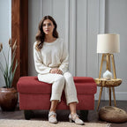 Ottoman Rectangular Storage Ottoman Bench, Flannel Footrest Stool Footstool with Lid for Living Room, Bedroom, Entryway, Red, 28.5"x19"x17.5"