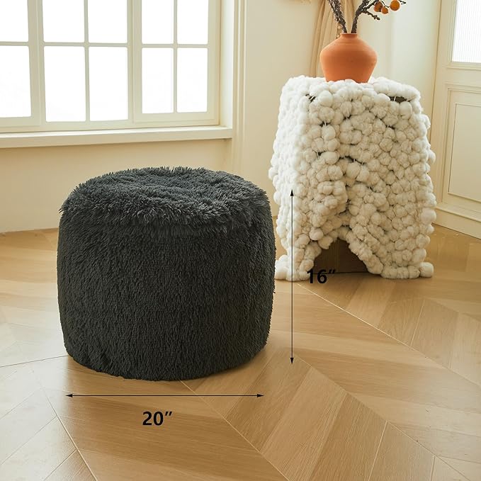 XeGe Fluffy Faux Fur Inflatable Pouf Ottoman, Cozy Shaggy Fuzzy Foot Stool, Furry Foot Rest Floor Pouf Anti-Slip, Foldable Round Ottoman Cushion for Living Room Bedroom Patio Dorm Desk, Dark Grey