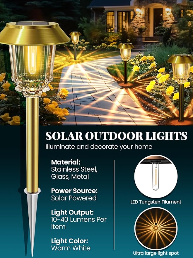 Solar Lights Outdoor Waterproof,4 Pack Gold Pathway Lights with 10-40 LM Dimmable Glass and Metal, Solar Powered Garden Decor for Yard,Patio,Pathway,Driveway Fall Decoration(Warm White)