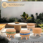 Handwoven Round Ottoman, Natural Water Hyacinth Outdoor Patio Pouf Seagrass Low Stool with Wood Legs, Soft Padded Footrest for Living Room Bedroom Garden, White