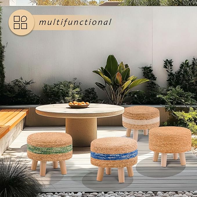 Handwoven Round Ottoman, Natural Water Hyacinth Outdoor Patio Pouf Seagrass Low Stool with Wood Legs, Soft Padded Footrest for Living Room Bedroom Garden, Green