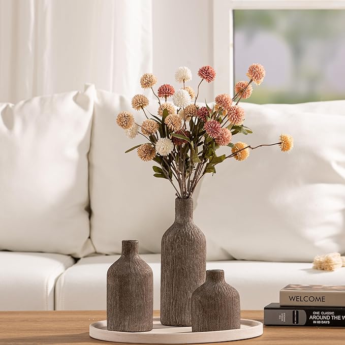 Ceramic Vase Home Table Decor - Brown Flower Vase Set of 3 Living Room Kitchen Decorations Farmhouse Modern Rustic Vases Decorative Centerpiece for Shelf Bedroom Office Bathroom Dining Coffee Desk