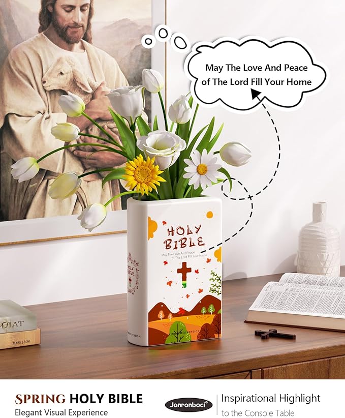 Bible Blessings Fall Flower Vase - Modern Ceramic Book-Shaped Vase for Flowers - Christian Desk Decor for Prayer Room, Dining Table, Coffee Tables, Entryway Console, Religious Gifts (Orange Fall, XL)