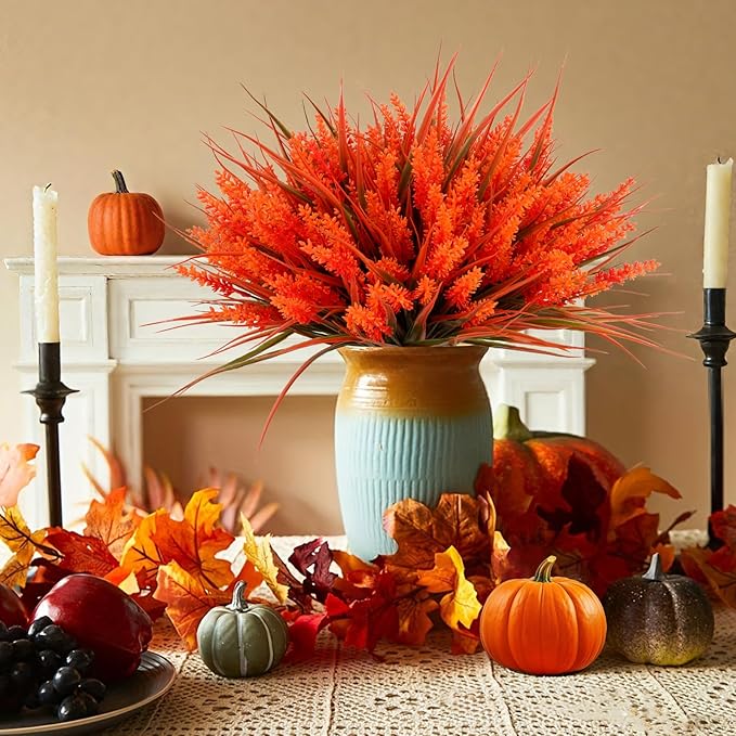 Geegoods 24 Bundles Artificial Fall Flowers Outdoor – Faux Lavender Flowers with Monkey Grass UV Resistant Plastic Faux Plants for Garden Porch Patio Home Decor, Autumn-red Color