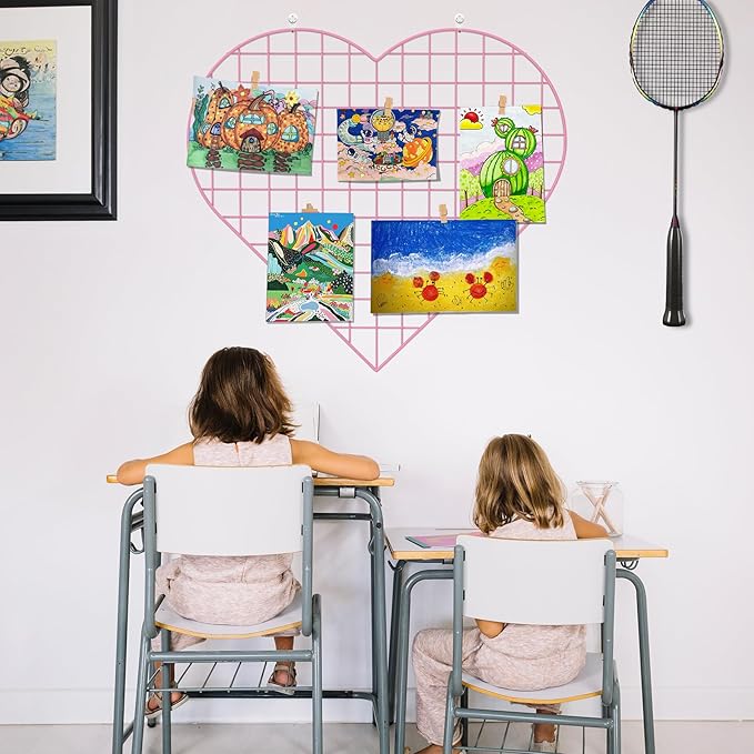 Grid Photo Wall Panels - 22.4"x20.4" Heart Shape Iron Rack Art Wire Board, Wall Grid Organizer, DIY Photo Frame for Home, Office, Kitchen, Bedroom, Christmas Gifts - Pink