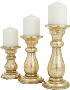 Deco 79 Mango Wood Decorative Candle Holder Turned Style Pillar Candle Stand, Set of 3 Candlestick Holder 10", 8", 6"H, Gold