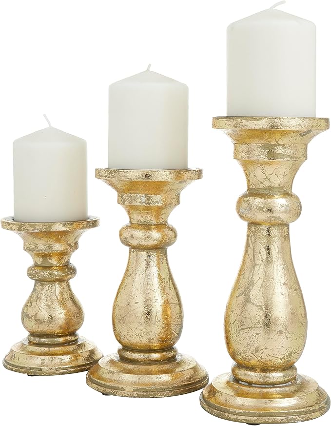 Deco 79 Mango Wood Decorative Candle Holder Turned Style Pillar Candle Stand, Set of 3 Candlestick Holder 10", 8", 6"H, Gold