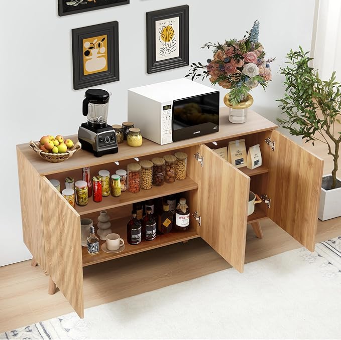 Fluted Sideboard Buffet Cabinet with Storage, Modern Storage Cabinet with 3 Doors, Wood Credenza Buffet Sideboards, Bar Cabinets Console Table for Kitchen Dining Living Room Entryway (Natural)