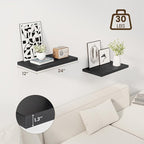24" Floating Shelves for Wall, 12" Deep Slim Black Floating Shelves, Wall-Mounted Shelves for Bedroom, Living Room, Kitchen, Bathroom - Set of 2