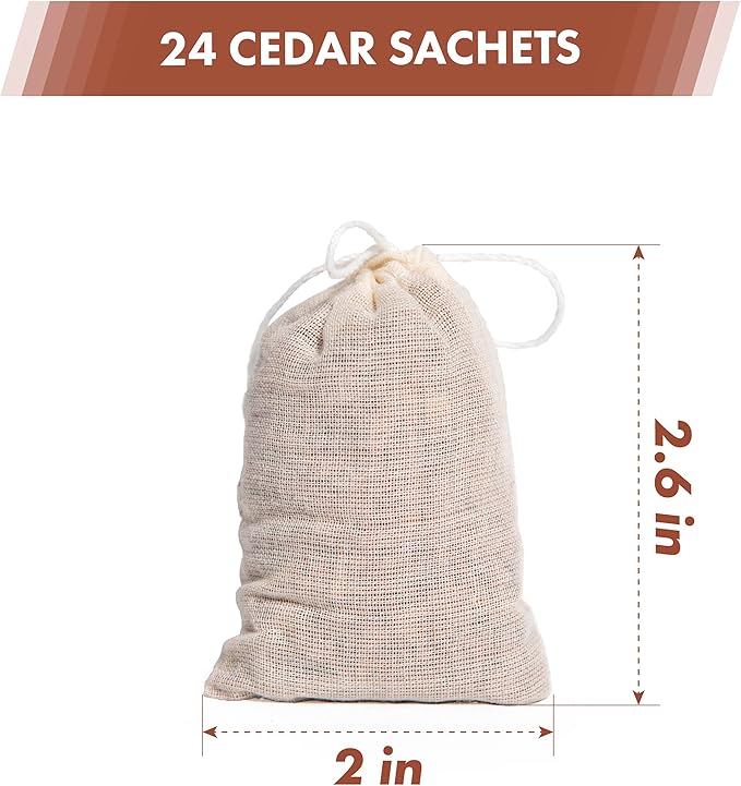 Pack of 24 Cedar Sachets Bag, Red Cedar Chips Sachets for Clothes Storage, Home Fragrance Sachet for Drawers and Closets, LV-F-CC-1