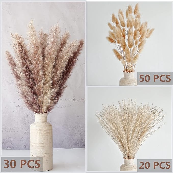 Natural Dried Pampas Grass Decor, Brown Pampas Grass， Bunny Tails Dried Flowers, Reed Grass Bouquet for Wedding Boho Flowers Home Table Decor, Fall Decor，Rustic Farmhouse Party (100 in Total )