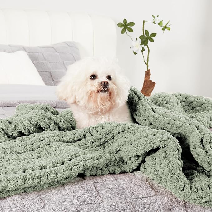 Amélie Home Chunky Knit Throw Blanket for Couch, Soft Chenille Crochet Blanket for Children, 40"x50", Sage Green