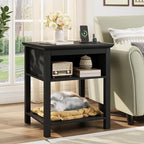 Rresyet Farmhouse End Table with Charging Station, Sliding Side Table & 2-Tier Storage, Wooden Nightstand for Bedroom and Living Room, Black