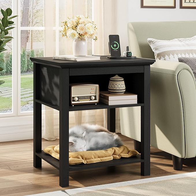 Rresyet Farmhouse End Table with Charging Station, Sliding Side Table & 2-Tier Storage, Wooden Nightstand for Bedroom and Living Room, Black