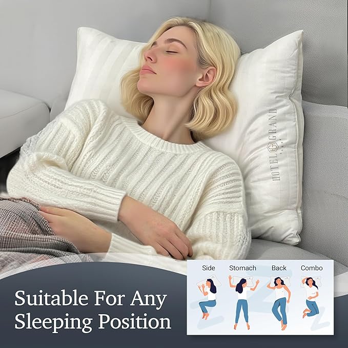 Hotel Grand Softy-Around Feather Down Pillows Standard Size Set of 2 Packs White Strip 100% Cotton Fabric Bed Pillows for All Position Sleepers,26"x20"/2 Packs