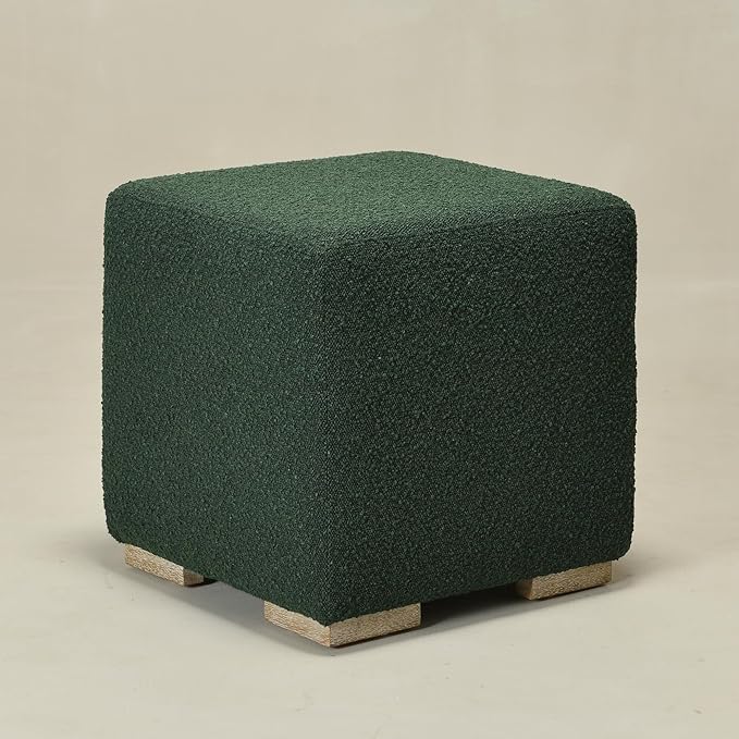 KINWELL 18.5" Wide Modern Square Boucle Upholstered Ottoman with Solid Wood Legs, Cube Ottoman Multi-Functional Sofa Footrest, Extra Seating for Living Room, Bedroom, Fully Assembled (Green)