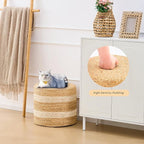 Handwoven Ottoman Pouf, Natural Water Hyacinth Footstool, Round Braided Outdoor Seat with Sturdy Frame, Boho Accent Stool for Patio, Balcony, or Garden (White)