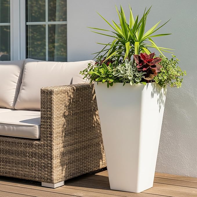 WORTH Garden Large 28 in.Tall Planters Set of 2 for Indoor and Outdoor, Heavy Duty Plastic White Modern Taper Flower Plant Pots with Drainage Hole and Dual-Purpose Tray for Front Porch, Patio