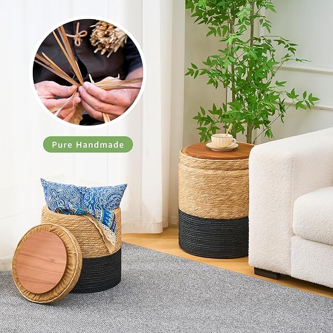 Wimarsbon Storage Pouf Ottoman, Hand Weaving Natural Straw Foot Stool, Bohemian Round Patio Ottomans, Rustic Lounge Pouffe, Outdoor Extra Seat for Garden (Nested Set-Black)
