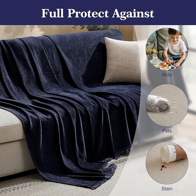 MaymissCouch Cover for Dogs Sectional Sofa Covers Washable for 2 Cushion Couch, Chenille Couch Cover Blanket, Sectional Sofa Slipcovers, Multi-Use Furniture Protector for Kids, Pets, 71" X134", Navy