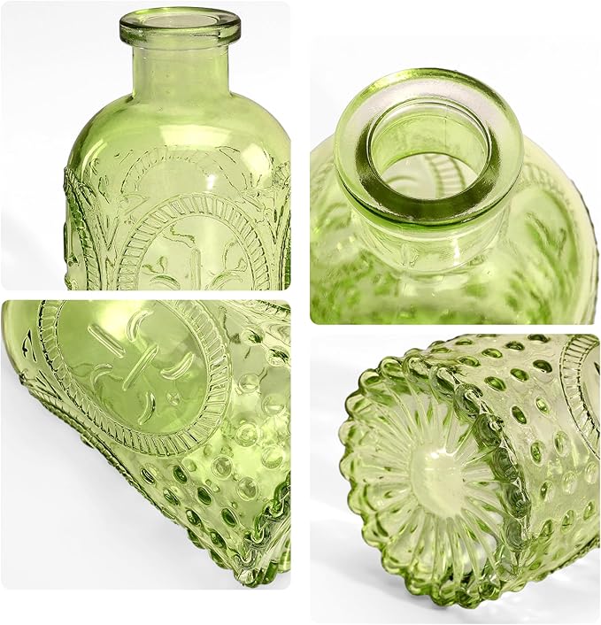 Embossed Bud Vases Set of 24, Vintage Flower Vase Green Glass Mini Vases for Centerpieces, Decorative Small Vase Bulk for Flowers, Wedding Table Decorations, Party, Baby Shower, Home Decor,